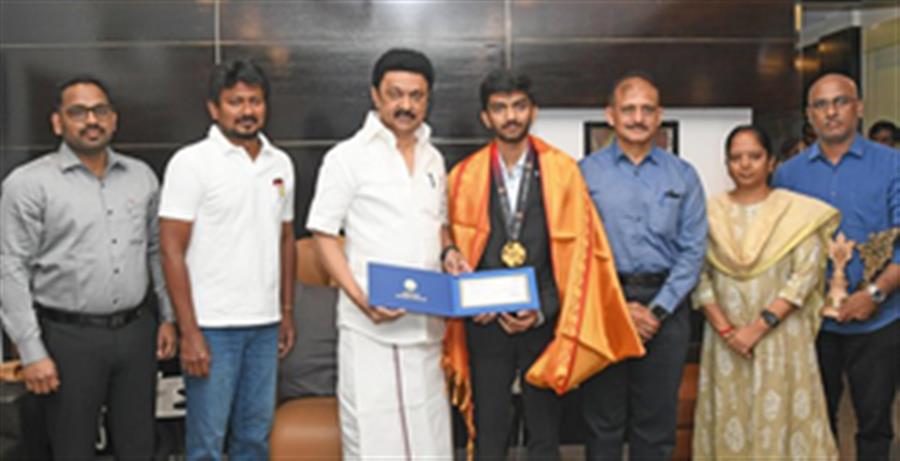 Stalin felicitates Gukesh, hands over cheque for Rs 75 lakh